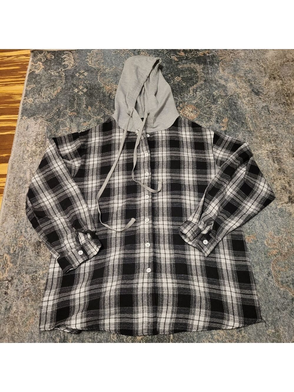 Flannel Plaid Black and Gray Shirt with Hood Size M